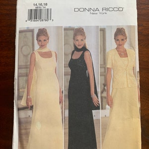 May include: A sewing pattern for a dress with a fitted bodice and a flowing skirt. The pattern includes three different styles: a sleeveless dress with a scoop neck, a sleeveless dress with a scoop neck and a lace overlay, and a dress with a short-sleeved jacket. The pattern is for sizes 14, 16, and 18. The pattern is by Butterick and is called Donna Ricco New York.
