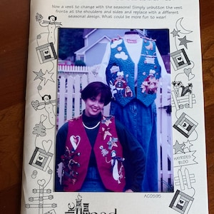 May include: A magazine cover titled "A Change of Seasons" featuring a fall/winter interchangeable quilted vest. The cover shows a woman wearing a burgundy vest and a mannequin wearing a blue vest, both decorated with seasonal designs.