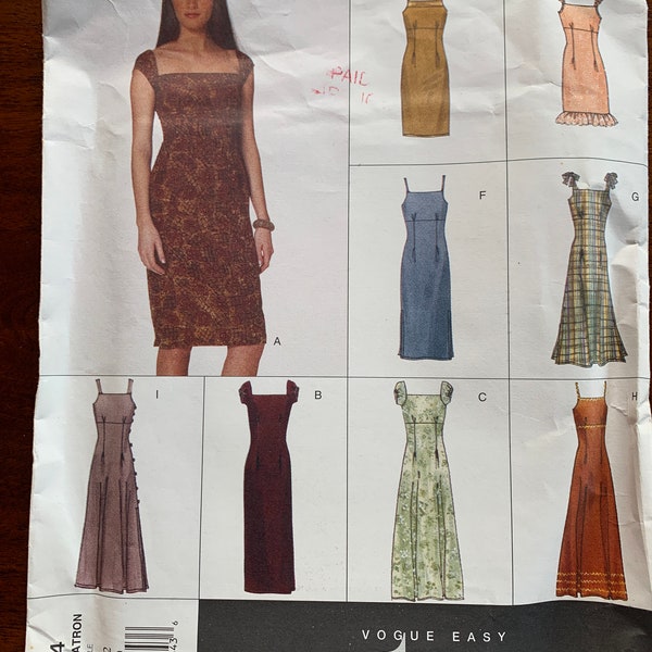 Uncut Misses Lined Fitted Bodice dress Vogue Easy Options 2144 pattern - spaghetti, ruffled, or tied straps, or puff sleeves - cocktail