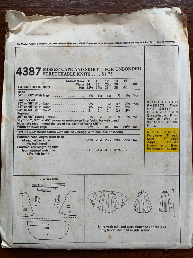 Uncut Vintage 70s Misses Cape and Skirt Halston Designer Pattern Mccall ...