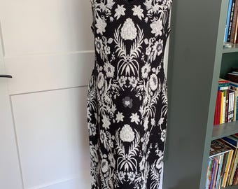 Vestido vintage de damasco Anthropologie con estampado floral blanco y negro, talla 14