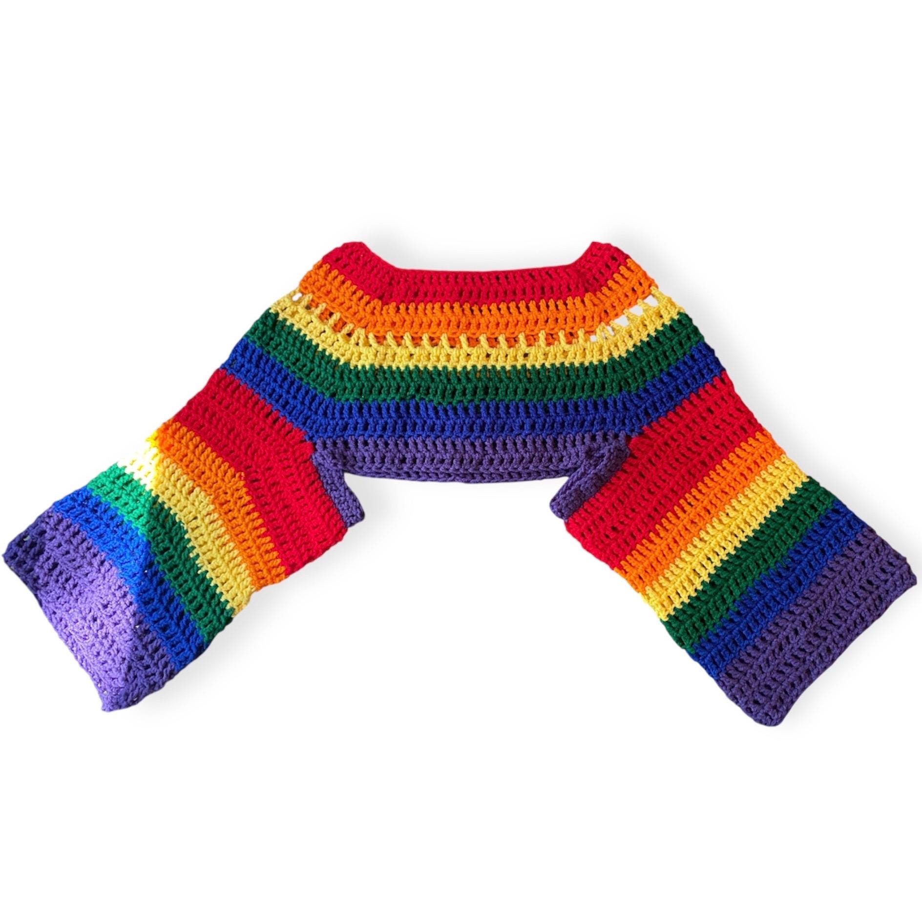 Handmade Rainbow Pride Crocheted Bolero Shrug Top Coverup With Long Flowy Sleeves
