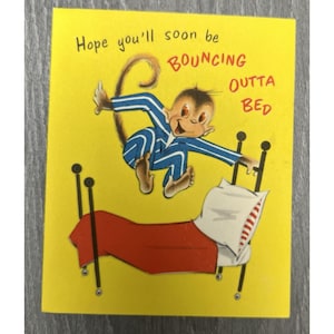 Cartão de boas-vindas vintage colecionável para "Melhoras" com cama elástica de macaco