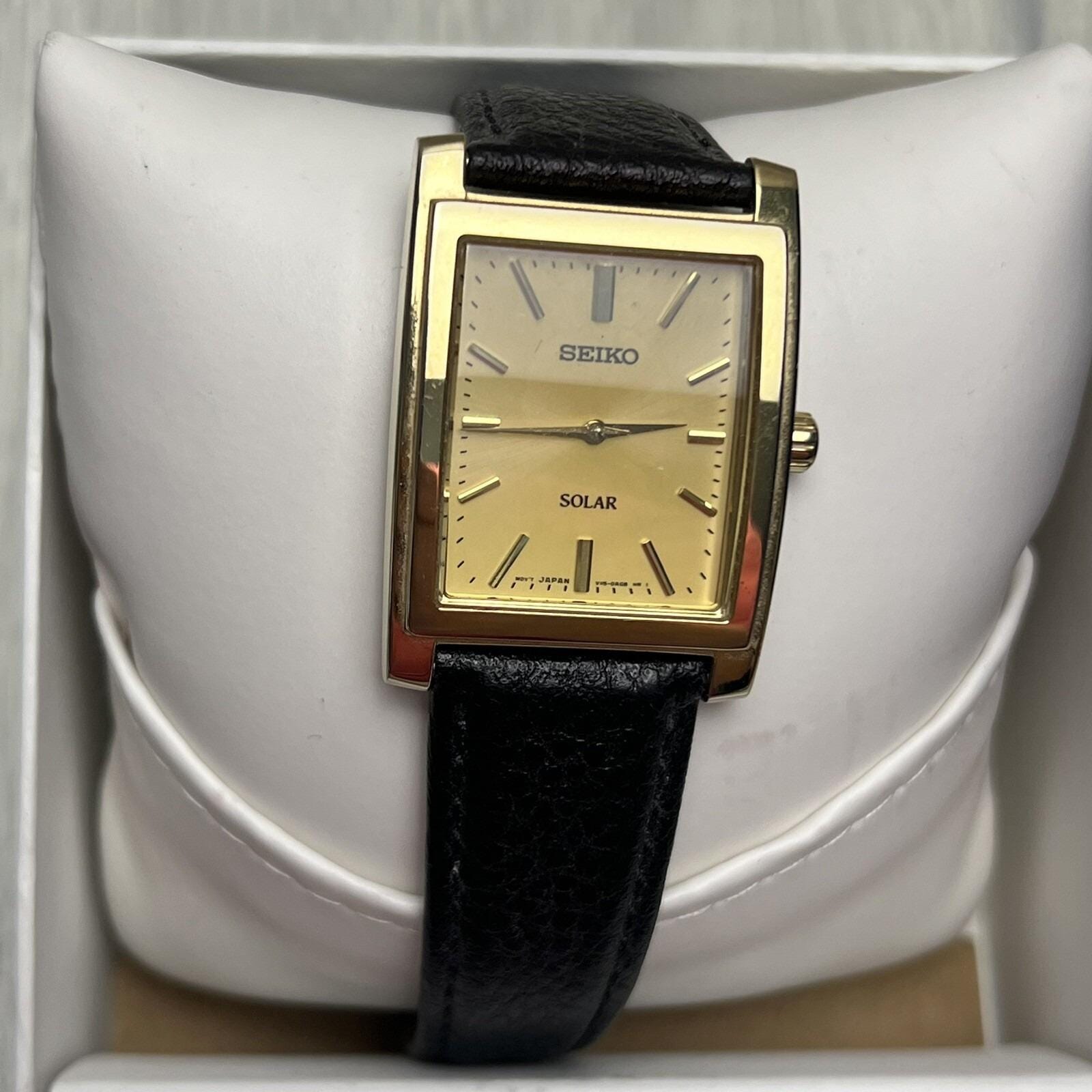 Vintage Seiko Solar Tank Watch Men Goldtone Rectangle Dial V115