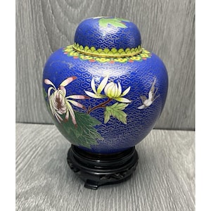 Vintage Chinese Blue Cloisonné Ginger Jars With Floral Design Bird With Stand