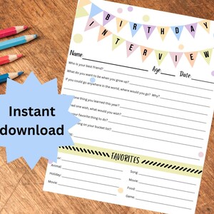 Kids Birthday Interview, Printable Bday Questionnaire, Birthday Form, Fun Interview for Kid, Yearly / Annual Birthday Interview, Instant PDF