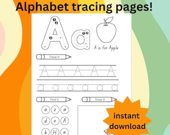 Alphabet A-Z Worksheets for Kids, ABC Letters Tracing Sheet, Alphabet Workbook, Preschool Printable, Kindergarten, PreK Handwriting Practice