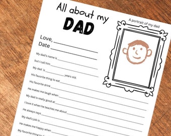 Puede incluir: Una hoja de trabajo imprimible titulada "Todo sobre mi PAPÁ" con líneas para completar información sobre un padre. La hoja de trabajo incluye un espacio para un retrato del papá y tiene el texto "Amor, Fecha" en la parte superior.