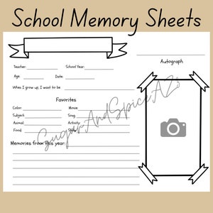 Peut inclure: Une feuille de souvenirs scolaires blanche avec le texte "School Memory Sheets" en haut. La feuille comprend des sections pour l'enseignant, l'année scolaire, l'âge, la date, les favoris et les autographes. Un cadre photo est également inclus.