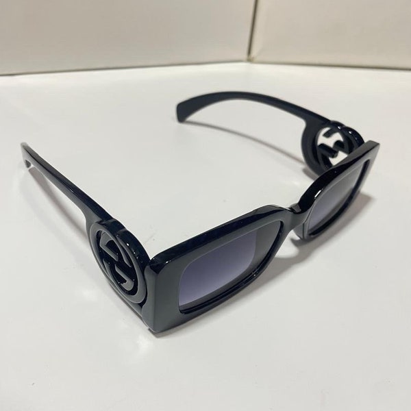 Gucci Black Sunglasses Rectangle Square Interlocking GG Logo Triple Black New