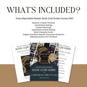 May include: Image of a book club guide for "A Sorceress Comes to Call" by T. Kingfisher. The guide includes discussion questions, book ratings, and character guides. The image also shows a list of what's included.