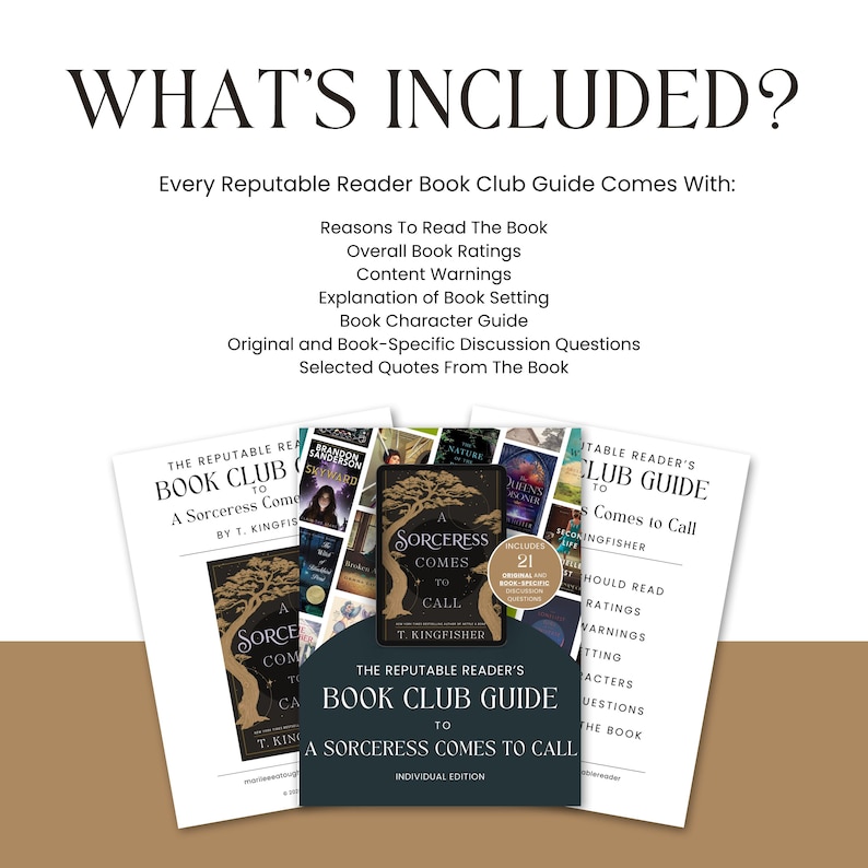 May include: Image of a book club guide for "A Sorceress Comes to Call" by T. Kingfisher. The guide includes discussion questions, book ratings, and character guides. The image also shows a list of what's included.