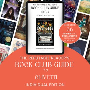 May include: A digital tablet displays "The Reputable Reader's Book Club Guide to Olivetti" by Allie Millington. The cover features a typewriter with flowers. Includes 36 original discussion questions. Surrounding books are visible.