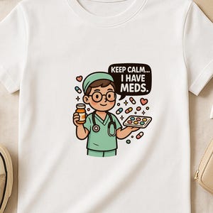 Cartoon verpleegster T-shirt "Keep calm… I have meds" - Leuk en kleurrijk voor zorgmedewerkers