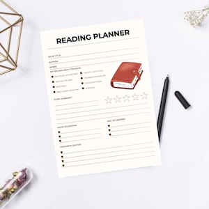 Puede incluir: Un planificador de lectura imprimible con el título "Reading Planner" y secciones para el título del libro, el autor, el género, los sentimientos sobre el libro, el resumen de la historia, las buenas ocasiones, las ocasiones tristes y las citas favoritas. Hay una imagen de dibujos animados de un libro cerrado con una cubierta roja y un sistema de calificación de cinco estrellas.