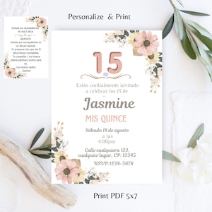 Convite floral de 15 anos e cartão de agradecimento, modelo digital 100% editável, download instantâneo