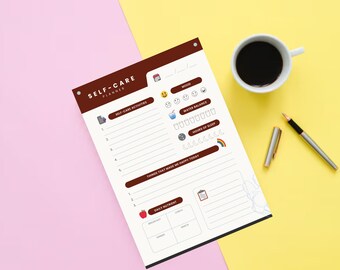 May include: A printable self-care planner with sections for mood, water balance, hours of sleep, self-care activities, things that made you happy today, and daily nutrient intake. The planner is printed on white paper with a brown border.