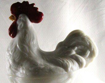 Vintage Westmoreland Milk Glass Standing Rooster Two Piece Covered Candy Dish.