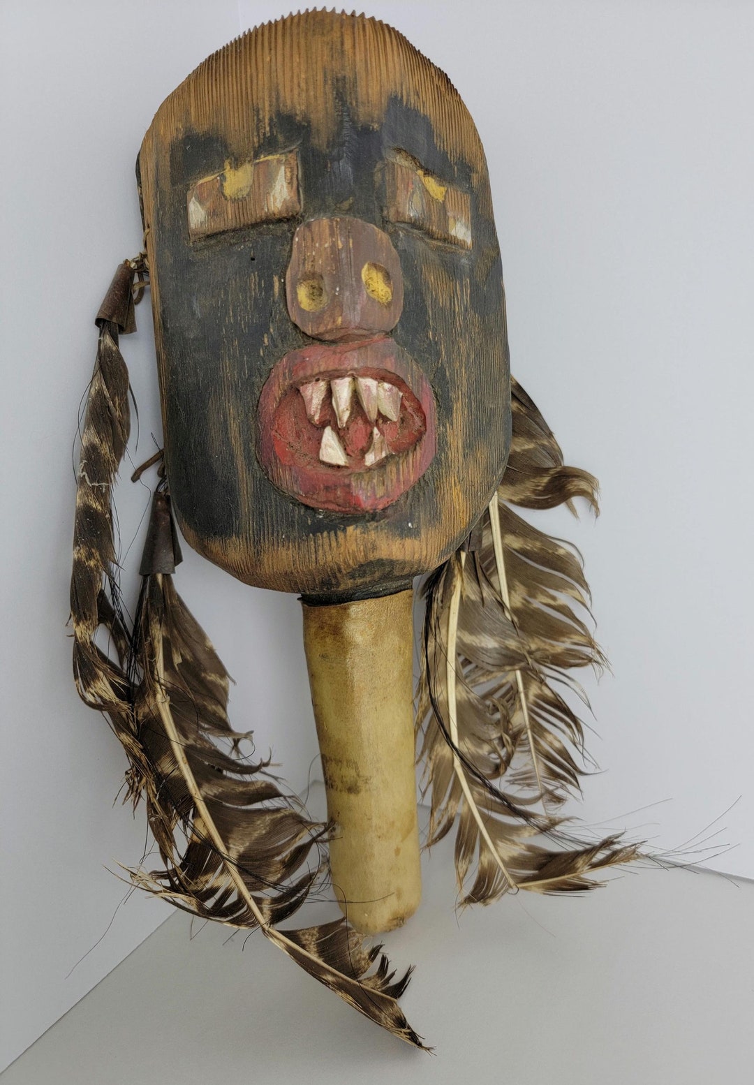 Vintage Hand Carved African Rattle With Leather, Feathers and Horsehair ...