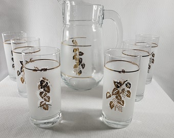 Pasabahce Circle Art of Glass, Turkey, set of 6 glasses with matching pitcher elegant design