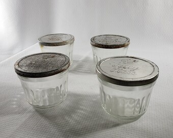 Set of 4 Vintage Ball 6 Ounce Jelly/Jam Ribbed Jars with Vintage Tin Lids