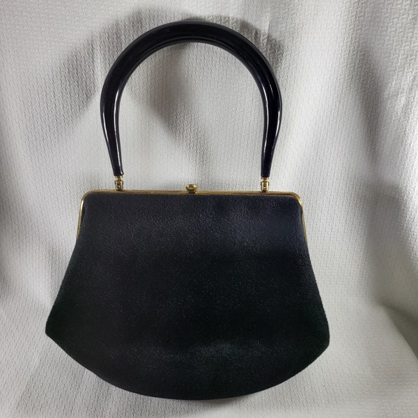 Morris Moskowitz 1950s Black Velvet Top Handle Handbag with Coin Purse and Mirror, Vintage Black Purse, Mid Century Accessory