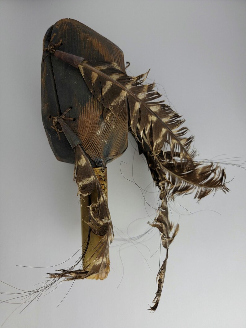 Vintage Hand Carved African Rattle With Leather, Feathers and Horsehair ...