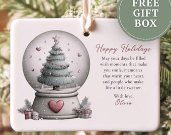 Adorno navideño personalizado de Felices Fiestas, recuerdo navideño tipo bola de nieve, adorno personalizado con nombre e historia, regalo navideño para familiares y amigos.