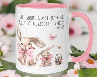 Christian Easter Bunny Mug for Kids, Cute Pink Bunny Coffee Mug, Easter Basket Gift for Kids, Faith Easter Mug, Spring Coffee Cup