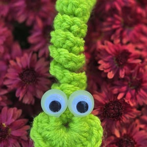 May include: A vibrant, handmade crochet worm in lime green, with large googly eyes. The worm is set against a backdrop of deep red and purple flowers, creating a playful contrast. This unique item is perfect for a child's toy or a quirky home decor piece.