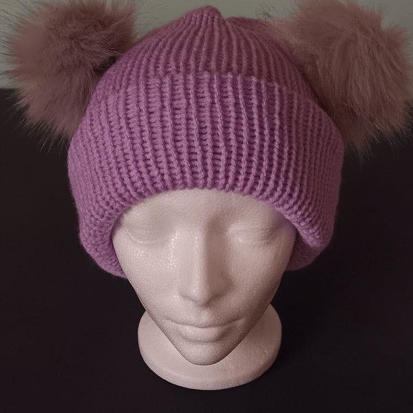 Adult furry ears beanie, stocking cap, hat, Soft pretty lavender with grey faux fur detachable pom poms double knit super warm