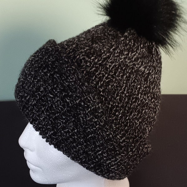 Adult unisex speckled black beanie with detachable black fur pom pom double knit slouchy hat reversable for versitility thick warm and soft