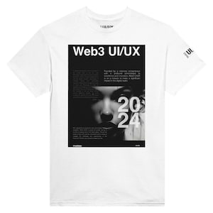 Puede incluir: Una camiseta blanca con un diseño gráfico en blanco y negro que presenta el rostro de una mujer y el texto "Web3 UI/UX 2024".