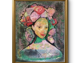 ORIGINAL painting on canvas unique portrait "woman with flowers"