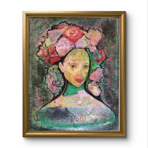 ORIGINAL tableau peinture sur toile unique portrait "femme aux fleurs"