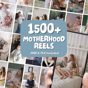 Könnte beinhalten: Eine Collage von Bildern mit Müttern und Kindern. Das zentrale Bild zeigt den Text "1500+ MOTHERHOOD REELS" in Weiß auf blauem Hintergrund. Weitere Bilder zeigen verschiedene Szenen des Familienlebens, wie Lesen und Spielen.