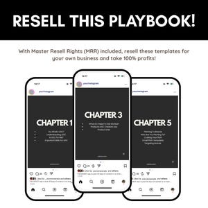 May include: Three smartphone screens displaying a digital playbook with the title "RESELL THIS PLAYBOOK!". Each screen shows a different chapter, with titles like "CHAPTER 1" and "CHAPTER 3". The text promotes reselling templates with Master Resell Rights.