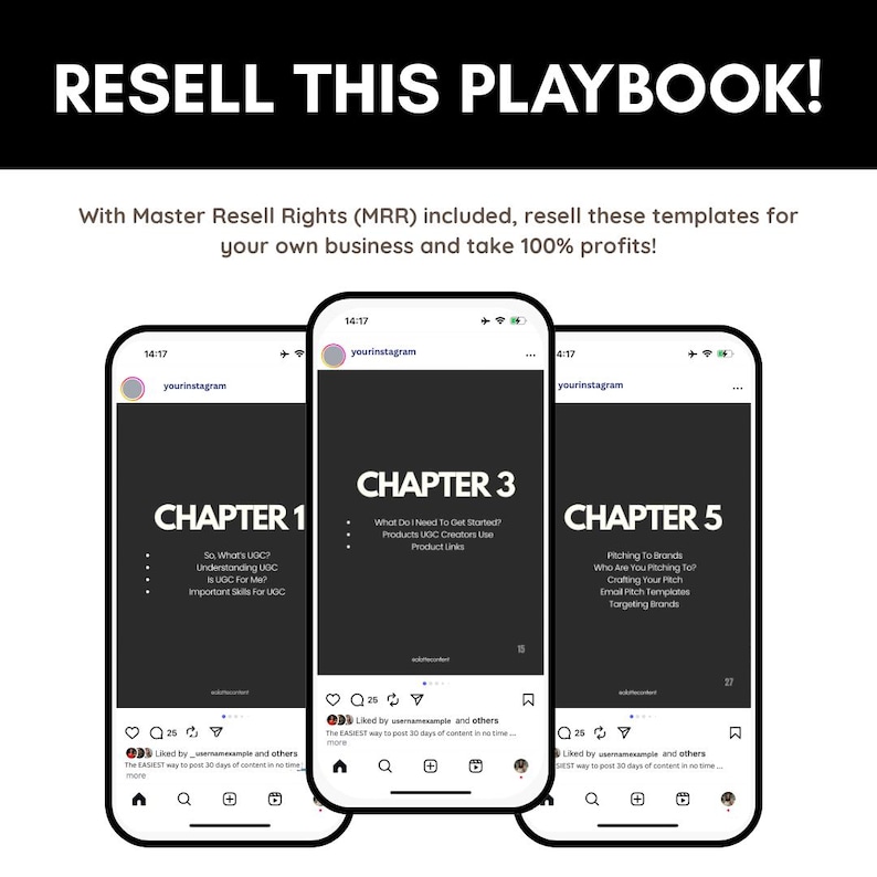 May include: Three smartphone screens displaying a digital playbook with the title "RESELL THIS PLAYBOOK!". Each screen shows a different chapter, with titles like "CHAPTER 1" and "CHAPTER 3". The text promotes reselling templates with Master Resell Rights.
