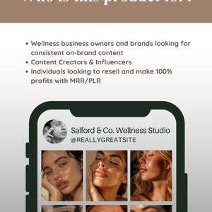 May include: A digital marketing graphic with the text "Who is this product for?" and a mock-up of a phone displaying a wellness studio's Instagram profile. The profile features images of women with glowing skin. The text lists target audiences.