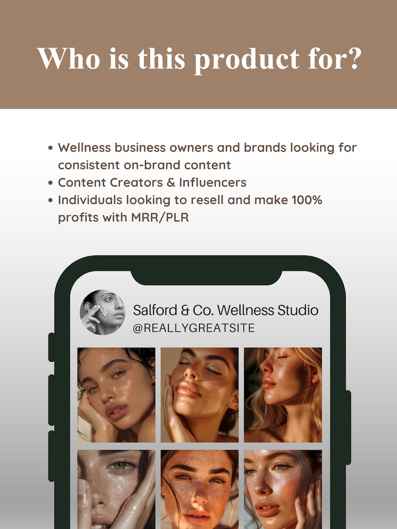 May include: A digital marketing graphic with the text "Who is this product for?" and a mock-up of a phone displaying a wellness studio's Instagram profile. The profile features images of women with glowing skin. The text lists target audiences.
