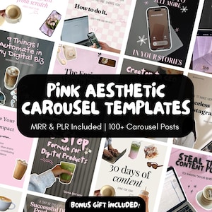 Op de afbeelding: Een verzameling roze en witte social media sjablonen met de tekst "Pink Aesthetic Carousel Templates". De sjablonen bevatten diverse graphics en tekstoverlays, met de woorden "MRR & PLR Included | 100+ Carousel Posts."