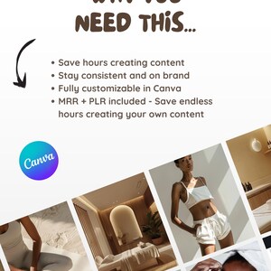 May include: An image with the text "WHY YOU NEED THIS..." in brown letters. Below, bullet points list benefits like saving time and staying on brand. A Canva logo is visible. The image includes lifestyle photos.