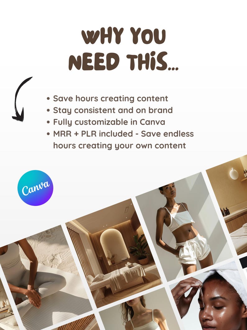 May include: An image with the text "WHY YOU NEED THIS..." in brown letters. Below, bullet points list benefits like saving time and staying on brand. A Canva logo is visible. The image includes lifestyle photos.