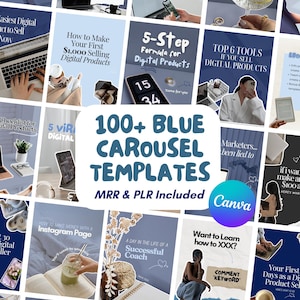 Peut inclure: Une image promotionnelle pour des modèles de produits numériques, avec le texte "100+ BLUE CAROUSEL TEMPLATES" et "MRR & PLR Included". L'image comprend diverses maquettes d'exemples de produits numériques, avec le logo Canva.