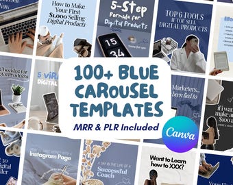 100+ Blue Instagram Carousel Templates: Faceless Marketing, MRR PLR (Canva Editable Digital Download), Cool Tone Neutral Instagram Aesthetic