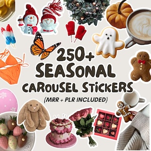 Op de afbeelding: Een verzameling seizoensgebonden carrouselstickers met diverse vakantie- en alledaagse items. Inclusief een sneeuwpop, vlinder, pompoen, spookkoekje, peperkoekmannetje en meer. Tekst luidt "250+ SEASONAL CAROUSEL STICKERS".