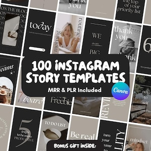 以下が含まれることがあります： 100個のInstagramストーリーテンプレートのコレクション。グリッドレイアウトで、黒、白、ベージュの色調のニュートラルなカラーパレットが特徴です。「今日」、「ありがとう」、「Be real」などのテキストが含まれています。Canvaのロゴが表示されています。