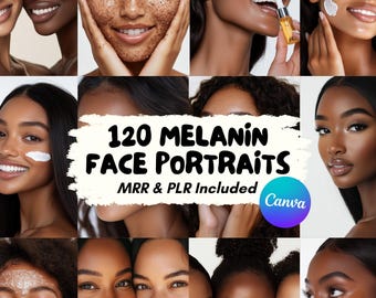 Melanin Aesthetic Stock Photos, Luxury Melanin Face Portrait for Beauty Brands, Natural Skincare Beauty Images Digital Product MRR PLR AI