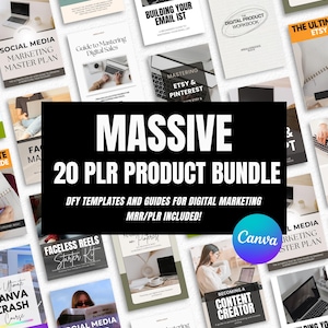 May include: A collection of digital marketing guides and templates, including "Social Media Marketing Master Plan" and "Building Your Email List." The image features the text "MASSIVE 20 PLR PRODUCT BUNDLE" and the Canva logo.