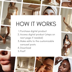 May include: A collage of images with the text "HOW IT WORKS" and numbered steps: Purchase, Access, Edit, Download, and Post. The images depict spa and wellness themes, including skincare, relaxation, and digital product usage.